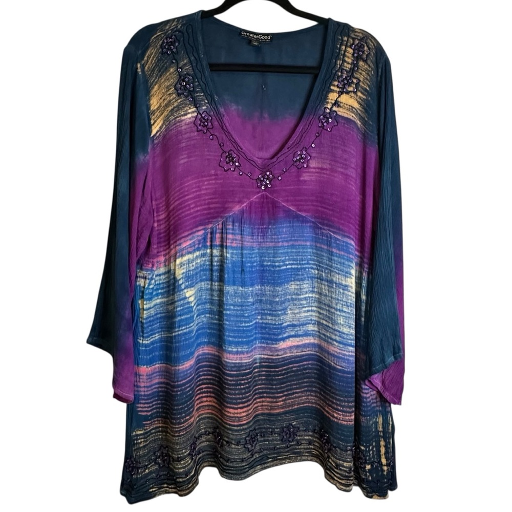 Greater Good Purple Blue Colorful Beaded Tunic‎ Boho Hippie Ombré Festival L/XL